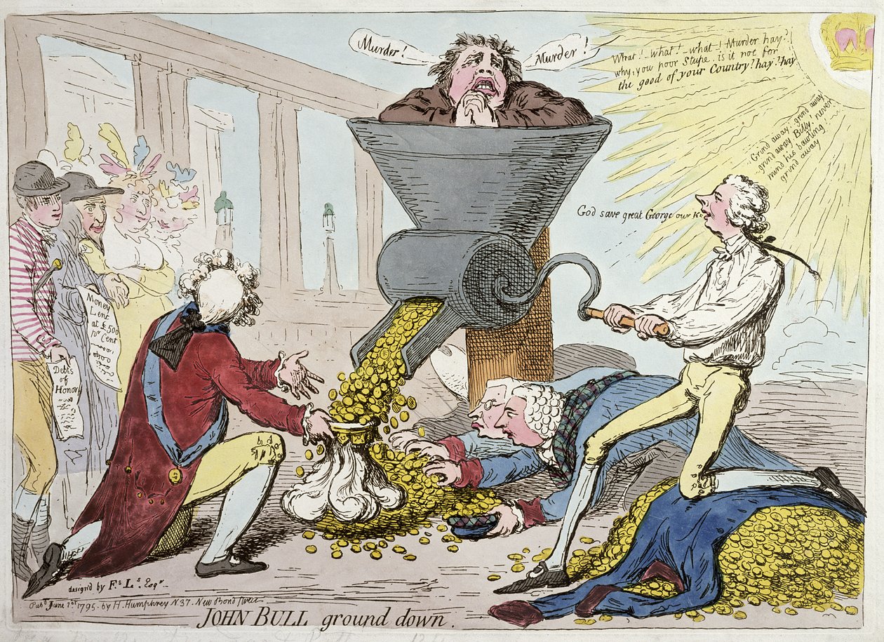 John Bull Ground Down, utgitt av Hannah Humphrey i 1795 (håndfarget etsning) av James Gillray