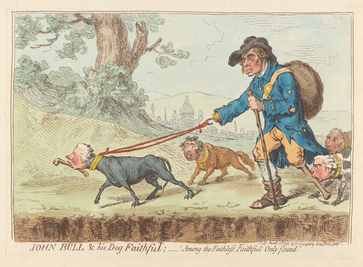 John Bull og hunden hans Faithful - «Blant de troløse er bare Faithful tro» av James Gillray