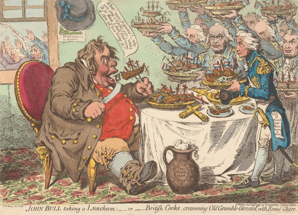 John Bull spiser lunsj - eller - Britiske kokker stapper den gamle Grine-Mage med god mat (fra: Caricature, bind 1) av James Gillray