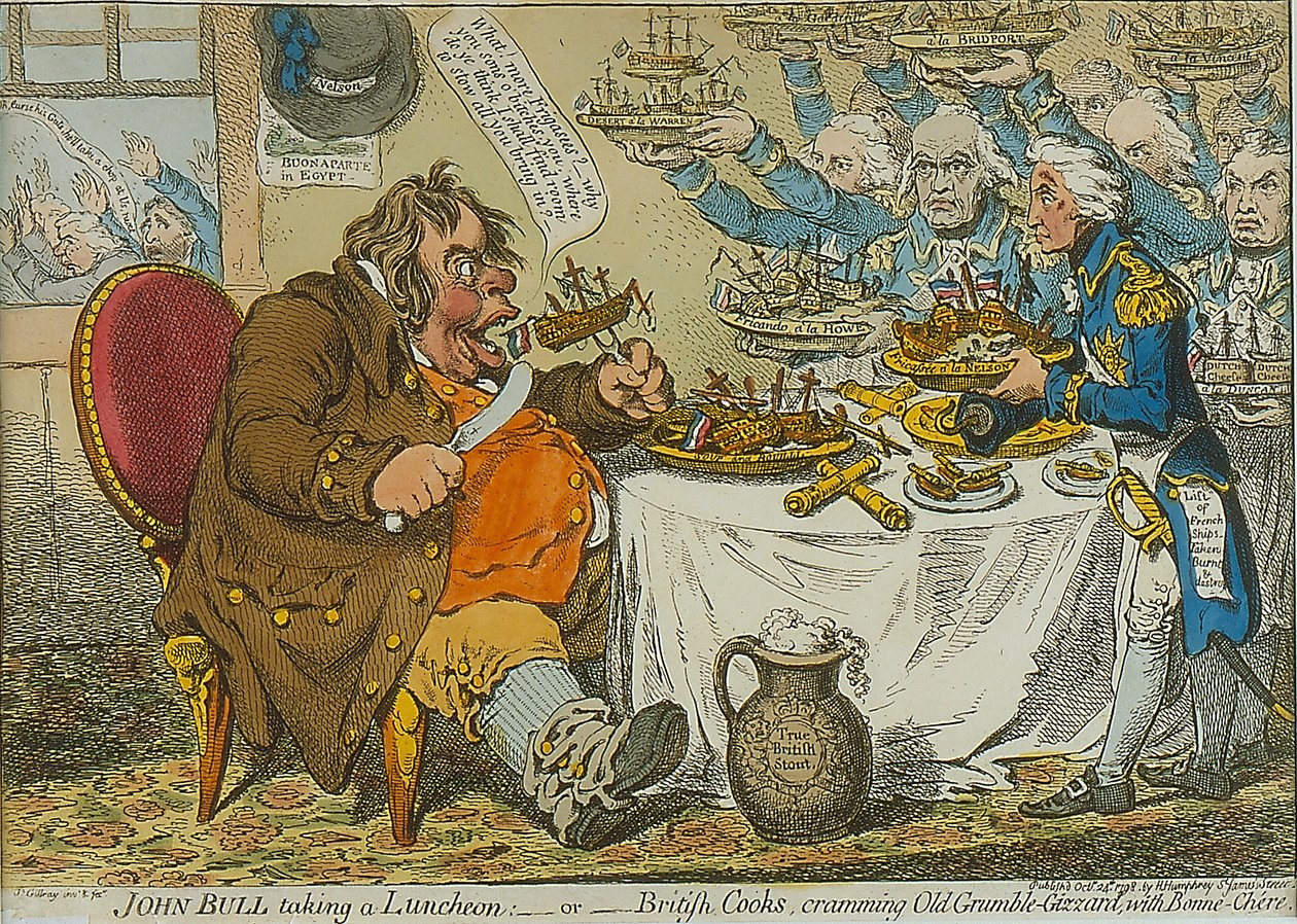 John Bull Tar en lunsj, 1798 (farget etsning) av James Gillray