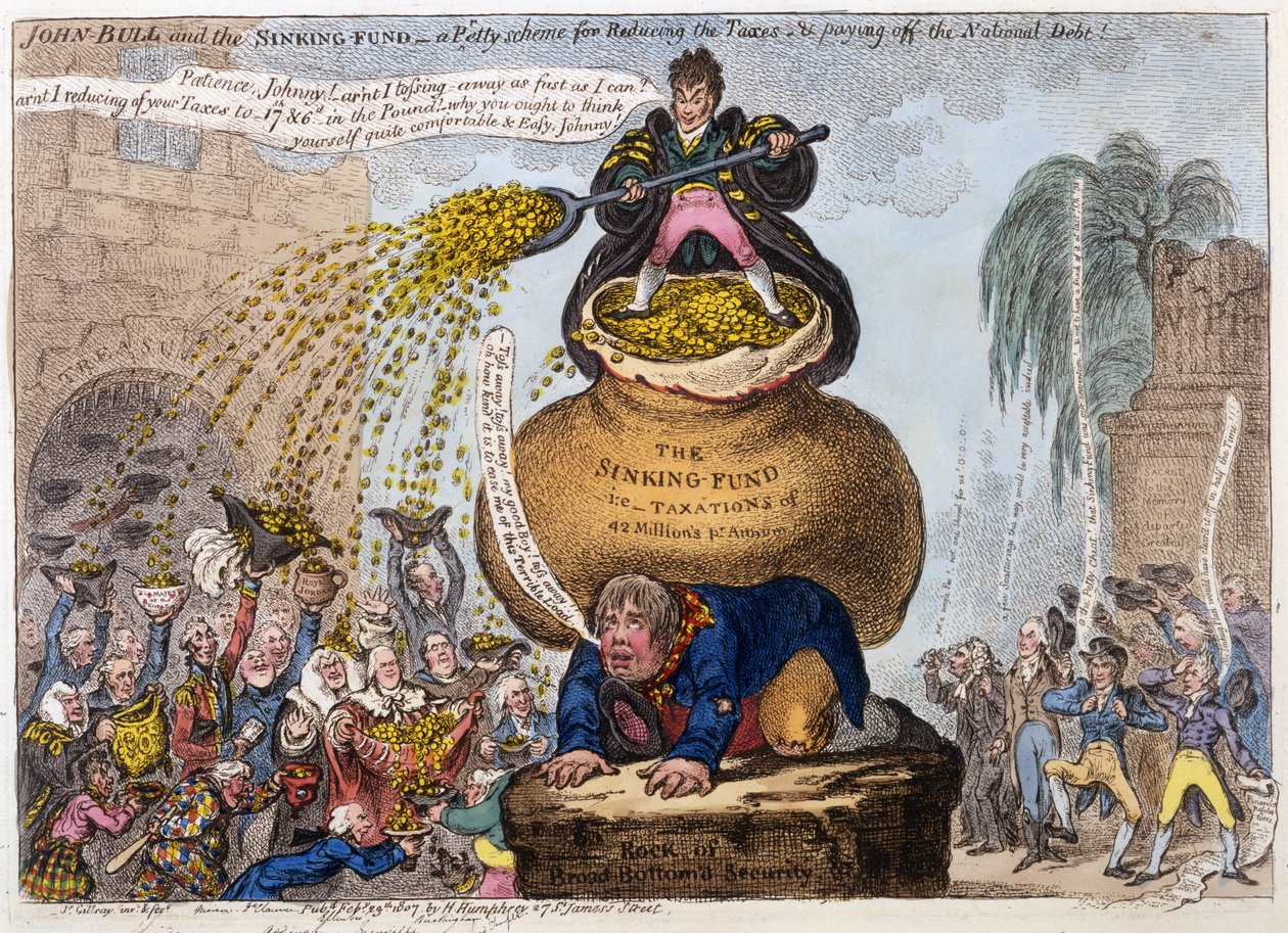 John Bull og The Sinking Fund - en liten ordning for å redusere skattene og betale ned nasjonalgjelden, pub. H Humphrey, London, 1807 (håndfarget gravering) av James Gillray
