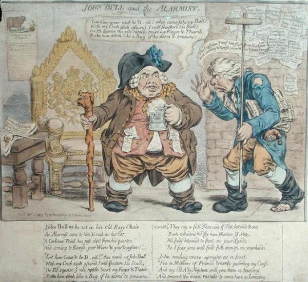 John Bull and the Alarmist , utgitt av Hannah Humphrey i 1803 (håndfarget etsning) av James Gillray