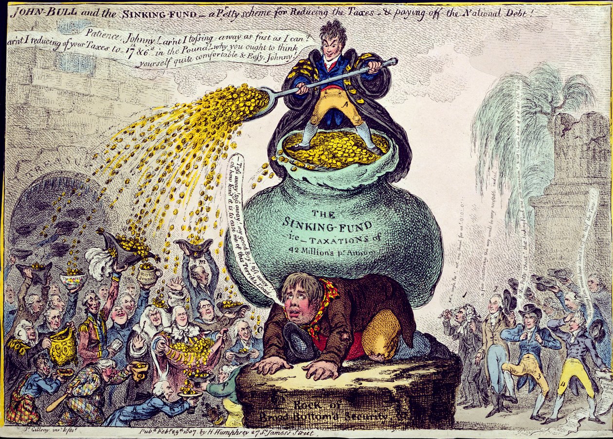 John Bull and the Sinking Fund or A Pretty Scheme for Reducing Taxes and Paying of the National Debt, utgitt av Hannah Humphrey i 1807 (håndfarget etsning) av James Gillray