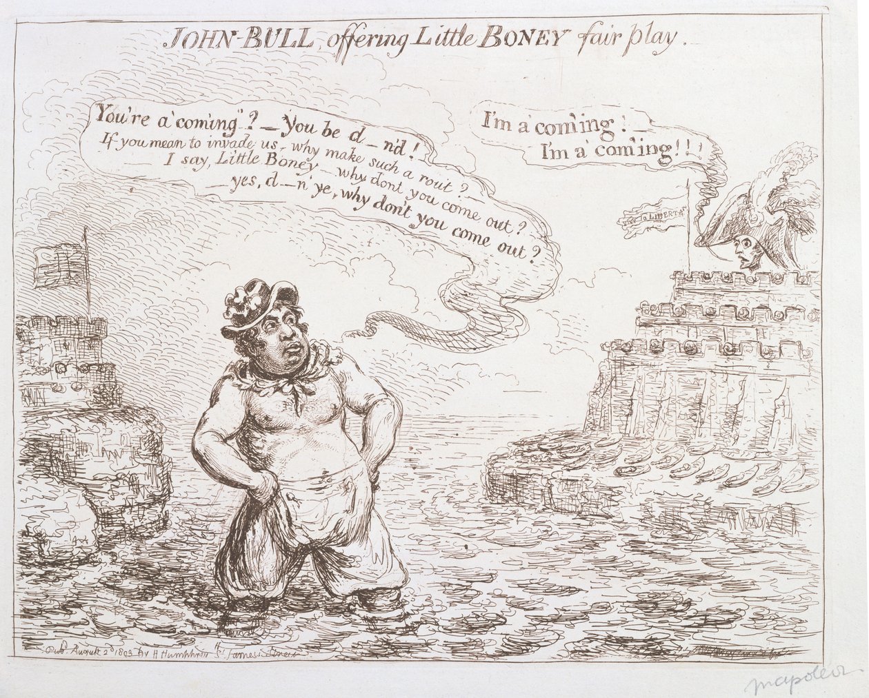 John Bull tilbyr Little Boney fair play, utgitt av Hannah Humphrey i 1803 av James Gillray