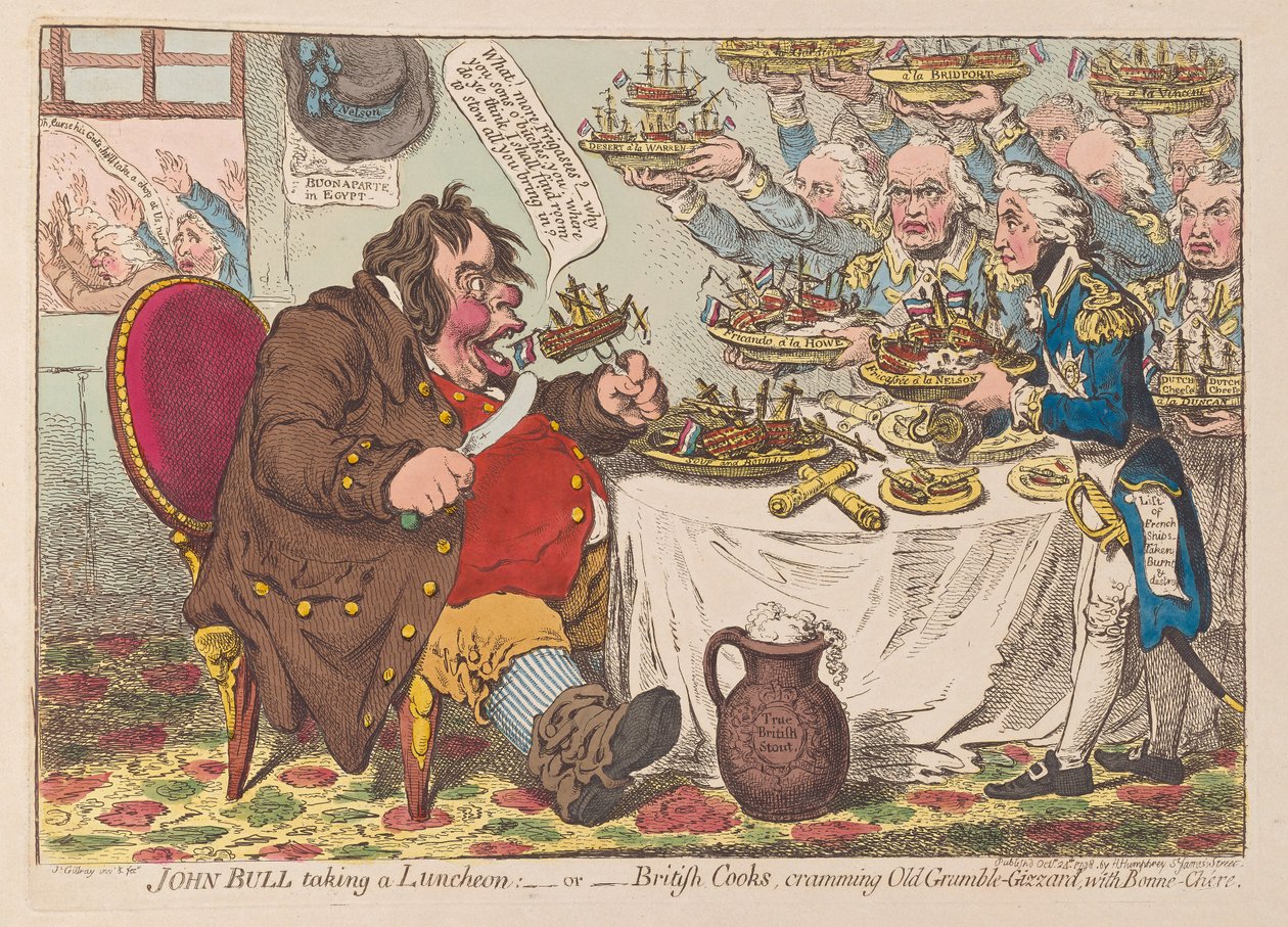 John Bull tar Luncheon eller britiske kokker som stapper Old Grumble Gizzard med Bonne Chere, pub 1798 (håndfarget gravering) av James Gillray