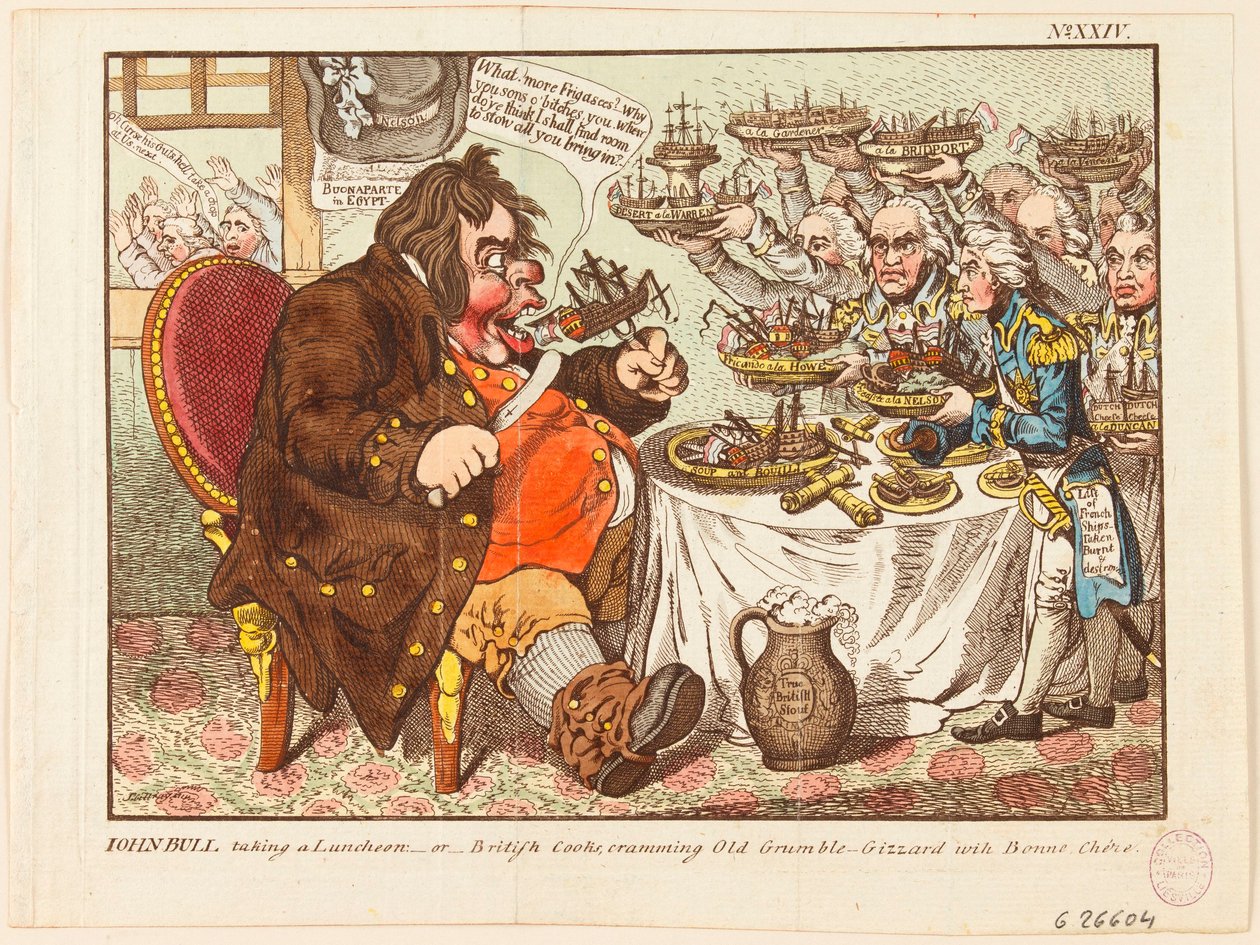 John Bull spiser lunsj: eller britiske kokker som stapper gamle Grumle-Krås med god mat av James Gillray