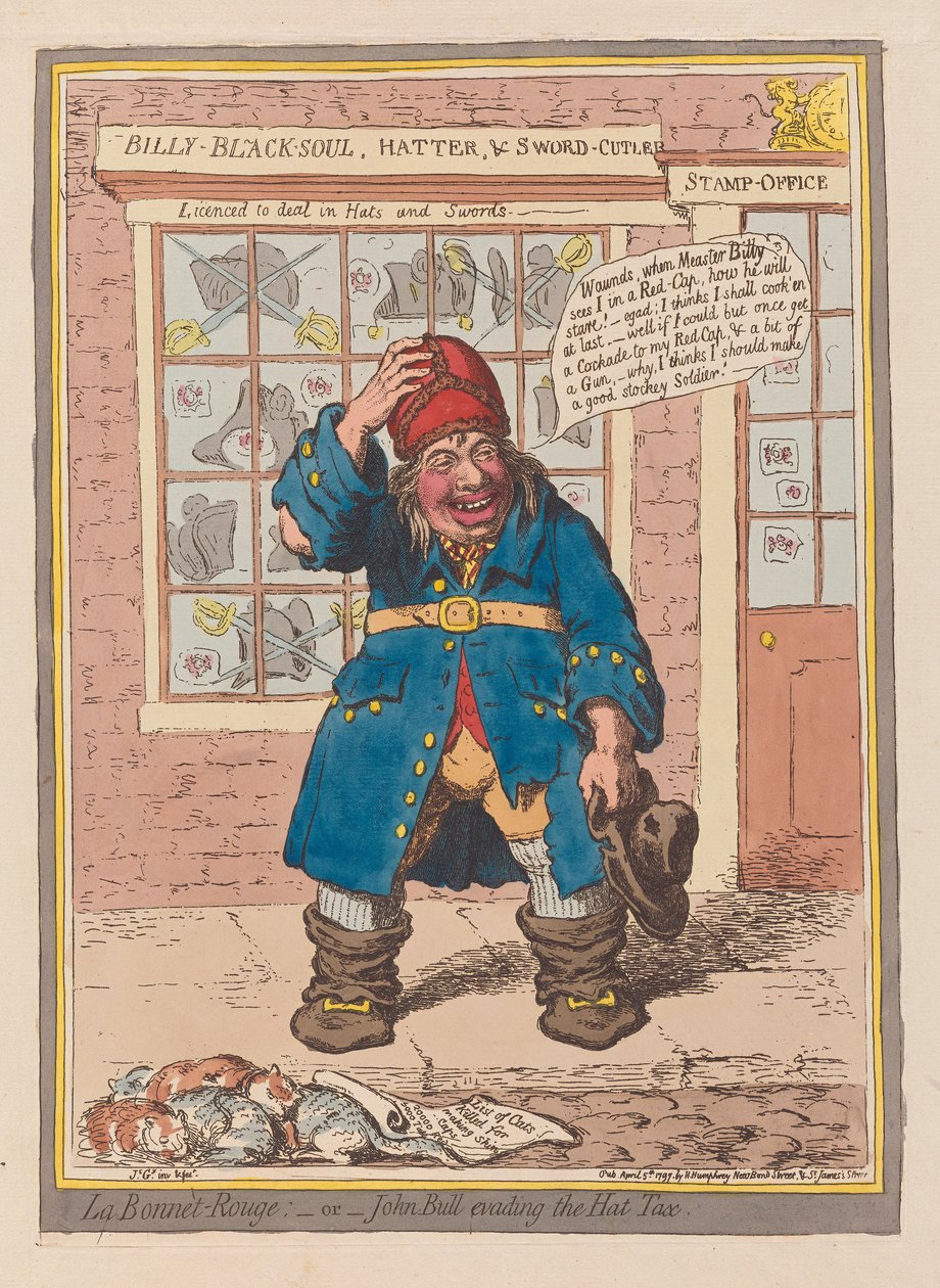 La Bonnet Rouge eller John Bull unngår Hat Tax, pub. 1797 (håndfarget gravering) av James Gillray