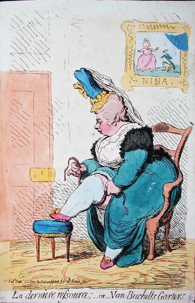 La Derniere Resource, eller Van Buchells Garters, utgitt av Hannah Humphrey i 1791 (håndfarget etsning) av James Gillray