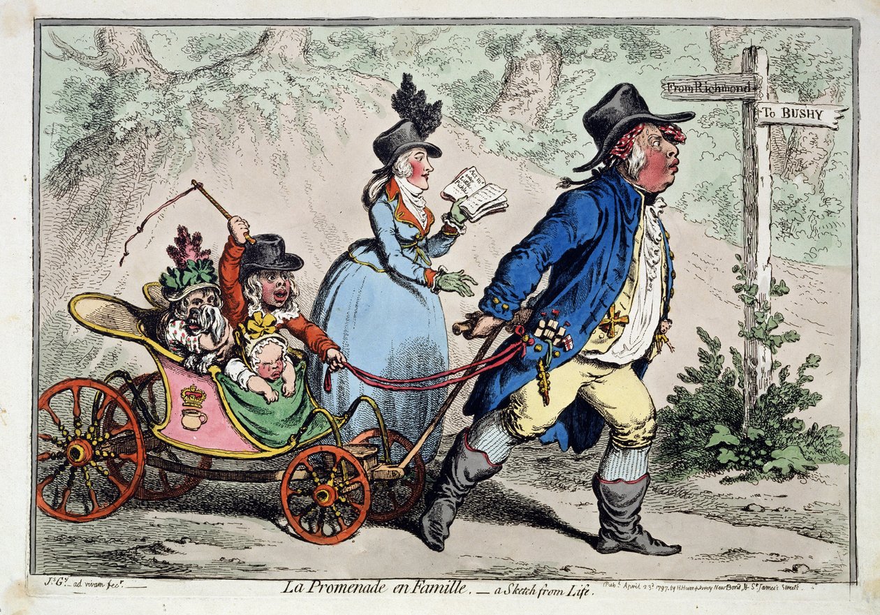 ""The Family Walk"" Karikaturisk portrett av en engelsk borgerlig familie. Tegning og akvarell av James Gillray (1757-1815) 1797 Pushkin Museum, Moskva av James Gillray
