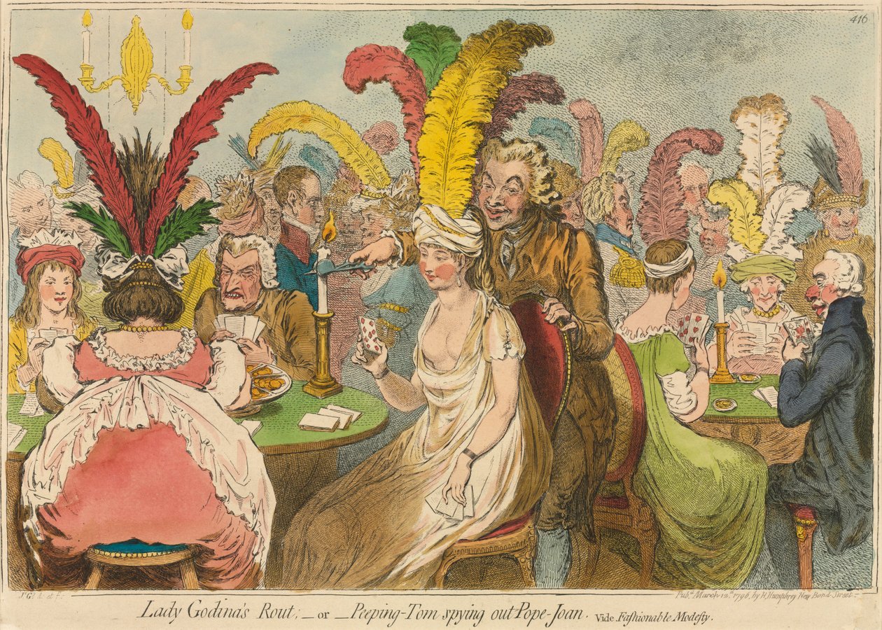 Lady Godina's Rout,-eller-Peeping-Tom Spying Out Pope-Joan, 1796. av James Gillray