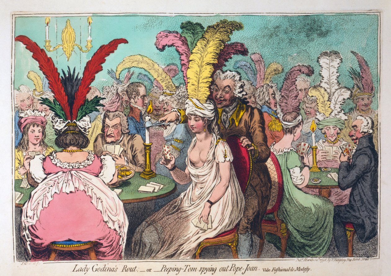 Lady Godinas flukt eller Kikkeren spionerer på pave Johanna, utgitt 1796 (håndkolorert gravering) av James Gillray