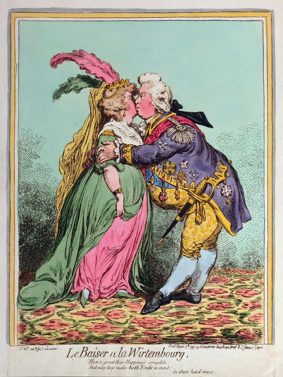 Le Baiser a la Wirtembourg, utgitt av Hannah Humphrey i 1797 (håndfarget etsning) av James Gillray
