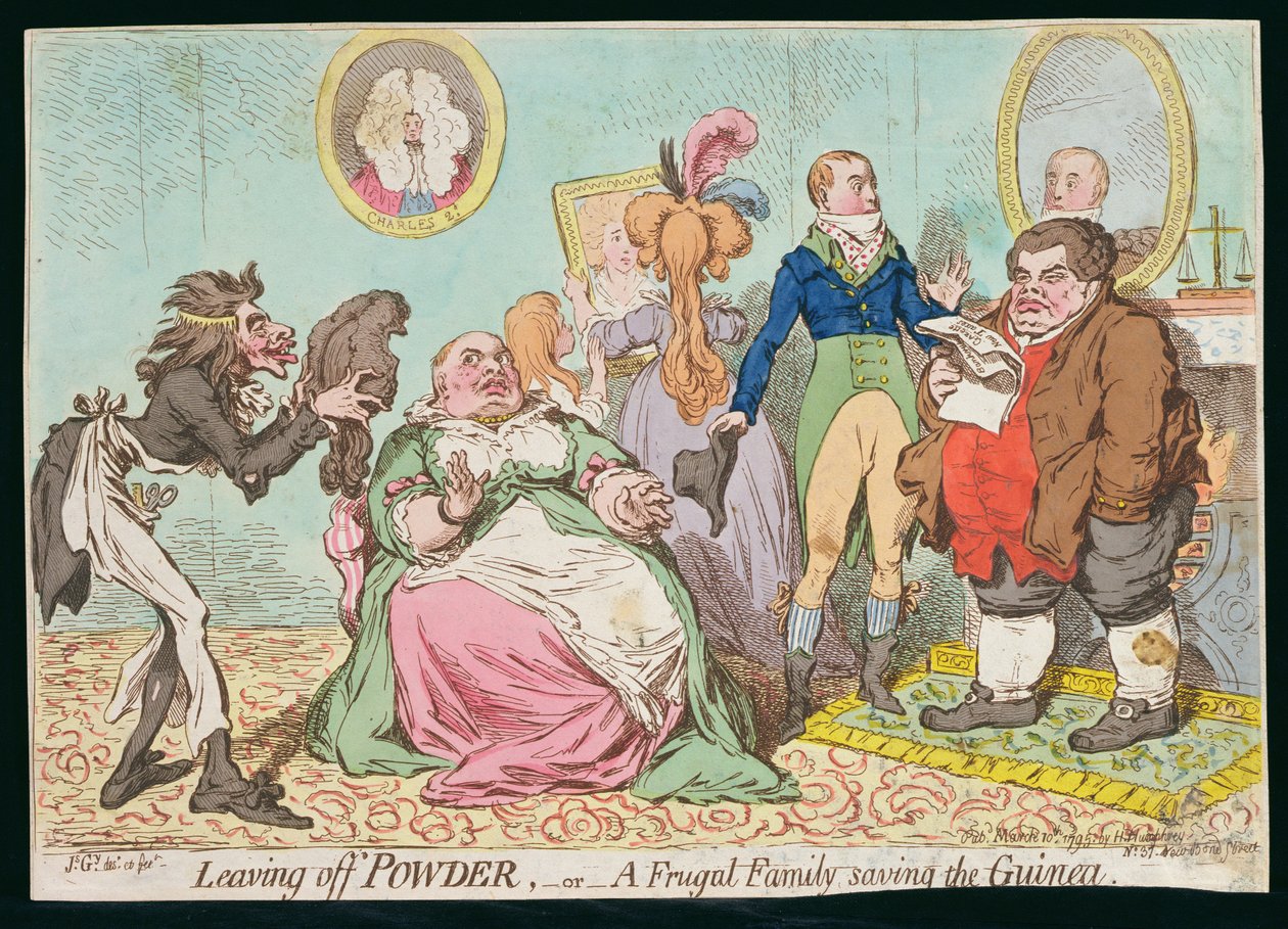 Leaving off Powder, or A Frugal Family saving the Guinea, utgitt av Hannah Humphrey i 1795 (håndfarget etsning) av James Gillray