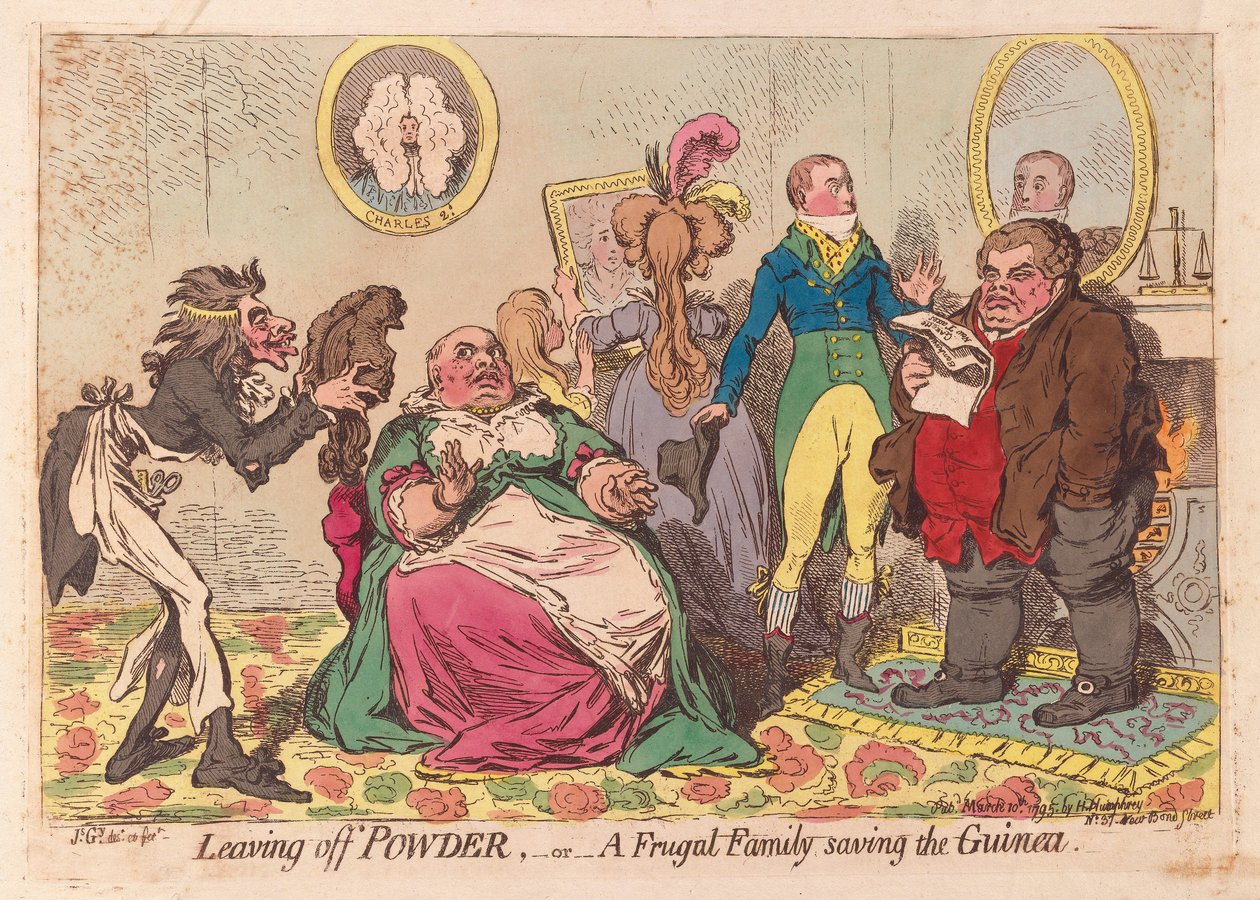 Leaving off Powder, or a Frugal Family save the Guinea, pub.1795 (håndfarget gravering) av James Gillray