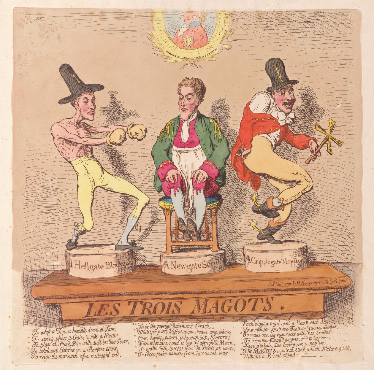 Les Trois Magots, pub. 1791 (håndfarget gravering) av James Gillray