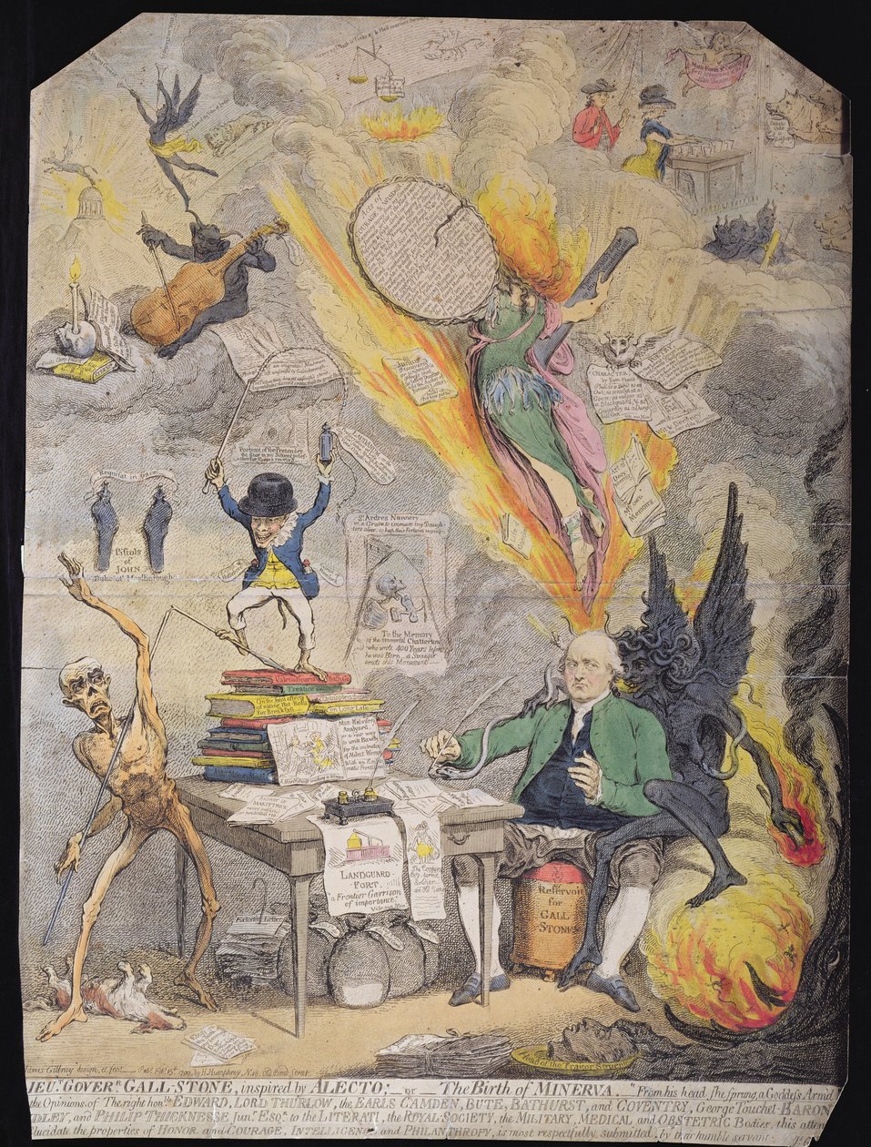 Løytnantguvernør Gall-Stone, inspirert av Alecto, eller Minervas fødsel, utgitt av Hannah Humphrey i 1790 (etsning med akvatint) av James Gillray