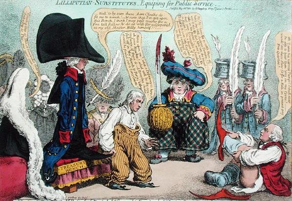 Lilliputian-Substitutes, Equipping for Public Service, utgitt av Hannah Humphrey i 1801 (håndfarget etsning) av James Gillray