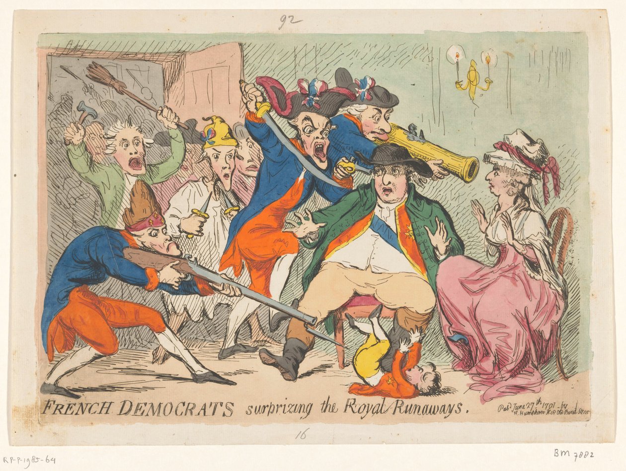 Louis XVI og Marie Antoinette fanget på flukt, 1791 Franske demokrater overrasker Royal Runaways av James Gillray