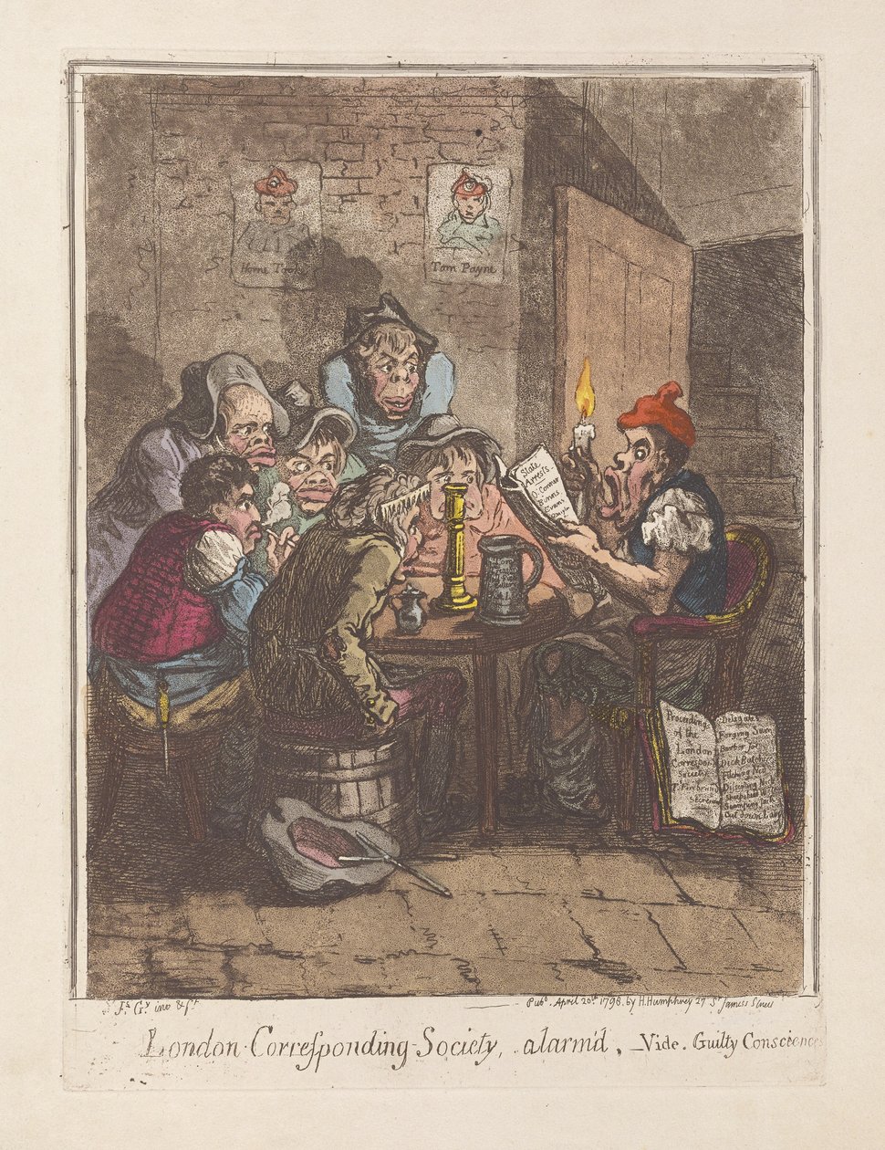London Corresponding Society, alarmert, vide. Guilty Consciences, pub. 1796 (håndfarget gravering) av James Gillray