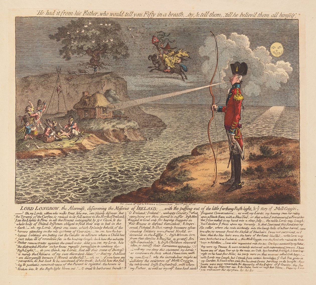 Lord Longbow, the Alarmist, oppdager Miseries of Ireland, pub. 1798 (håndfarget gravering) av James Gillray