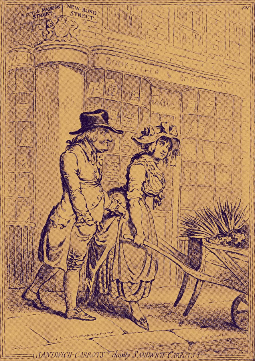 Lord Sandwich tar hensyn til en blomsterselger av James Gillray