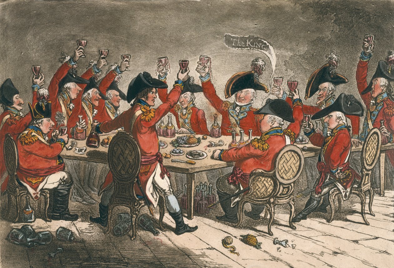 Loyal Souls, or A Peep into the Mess Room at St. James, utgitt av Hannah Humphrey i 1797 (håndfarget etsning) av James Gillray