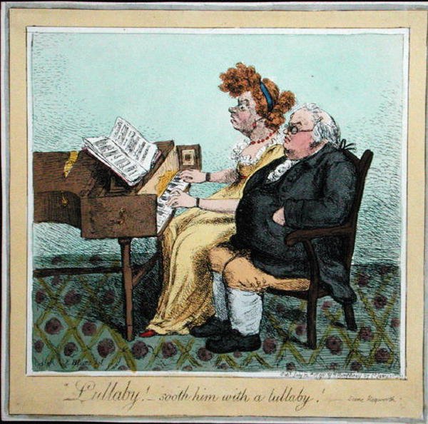 "Vuggevise - berolig ham med en vuggevise!" utgitt av Hannah Humphrey i 1798 (håndfarget etsning) av James Gillray