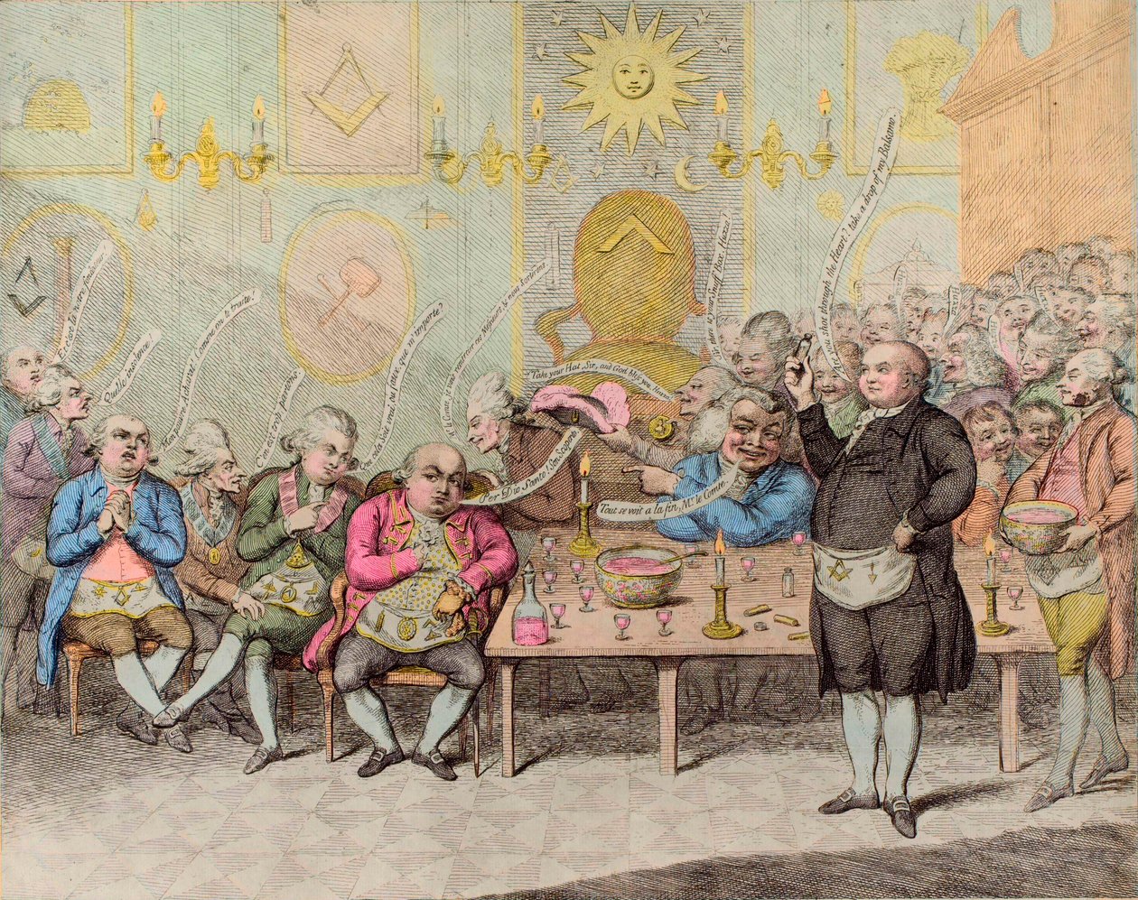 Maconic Anecdote/A Masonic Anedcote - av James Gillray (1757-1815) - Engelsk tegneserie mot grev Cagliostro (Alessandro, grev av Cagliostro (Giuseppe Balsamo) av James Gillray