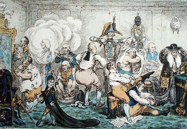 Making Decent, i.e. Broad-bottomites Getting into the Grand Costume, pub. av Hannah Humphrey av James Gillray