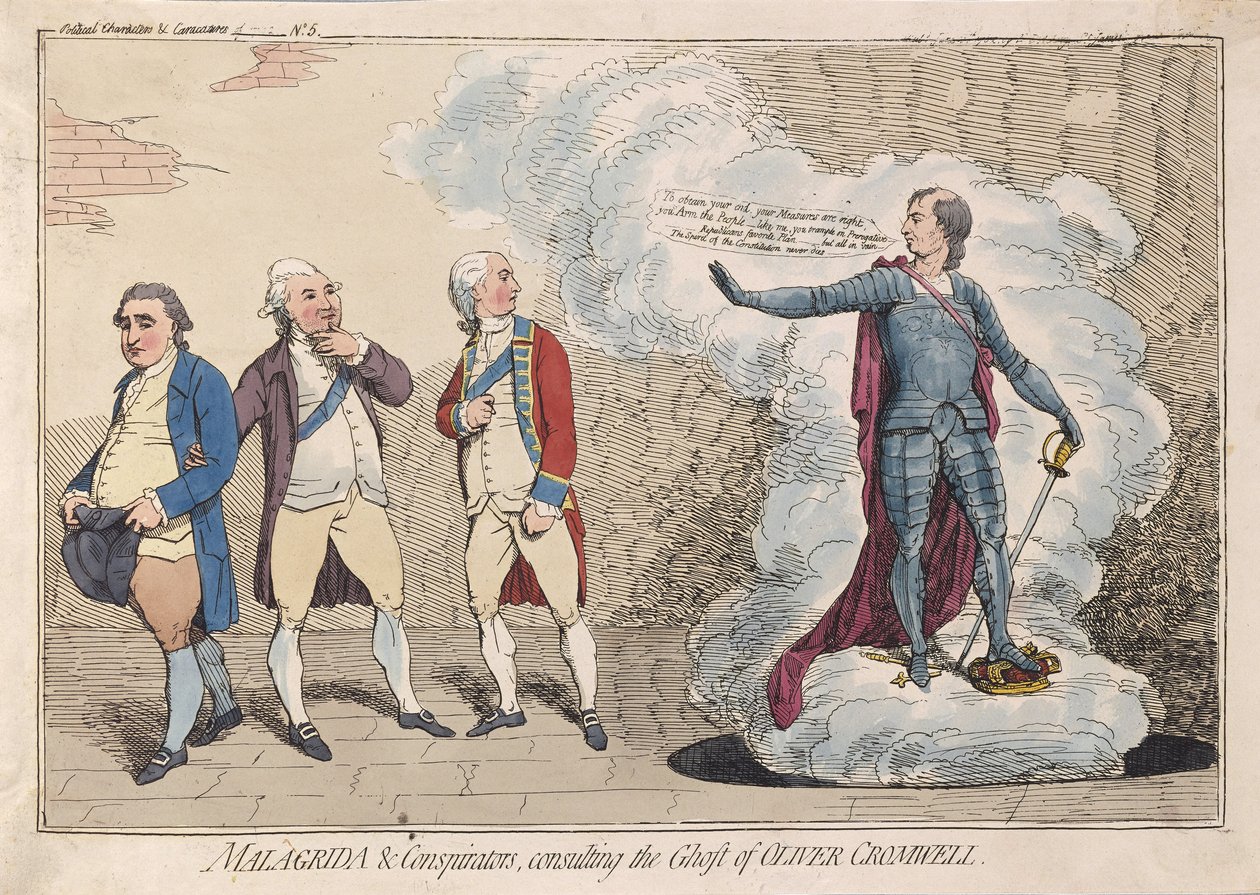 Malagrida & Conspirators, konsulterer Ghost of Oliver Cromwell, pub. 1782 (håndfarget gravering) av James Gillray