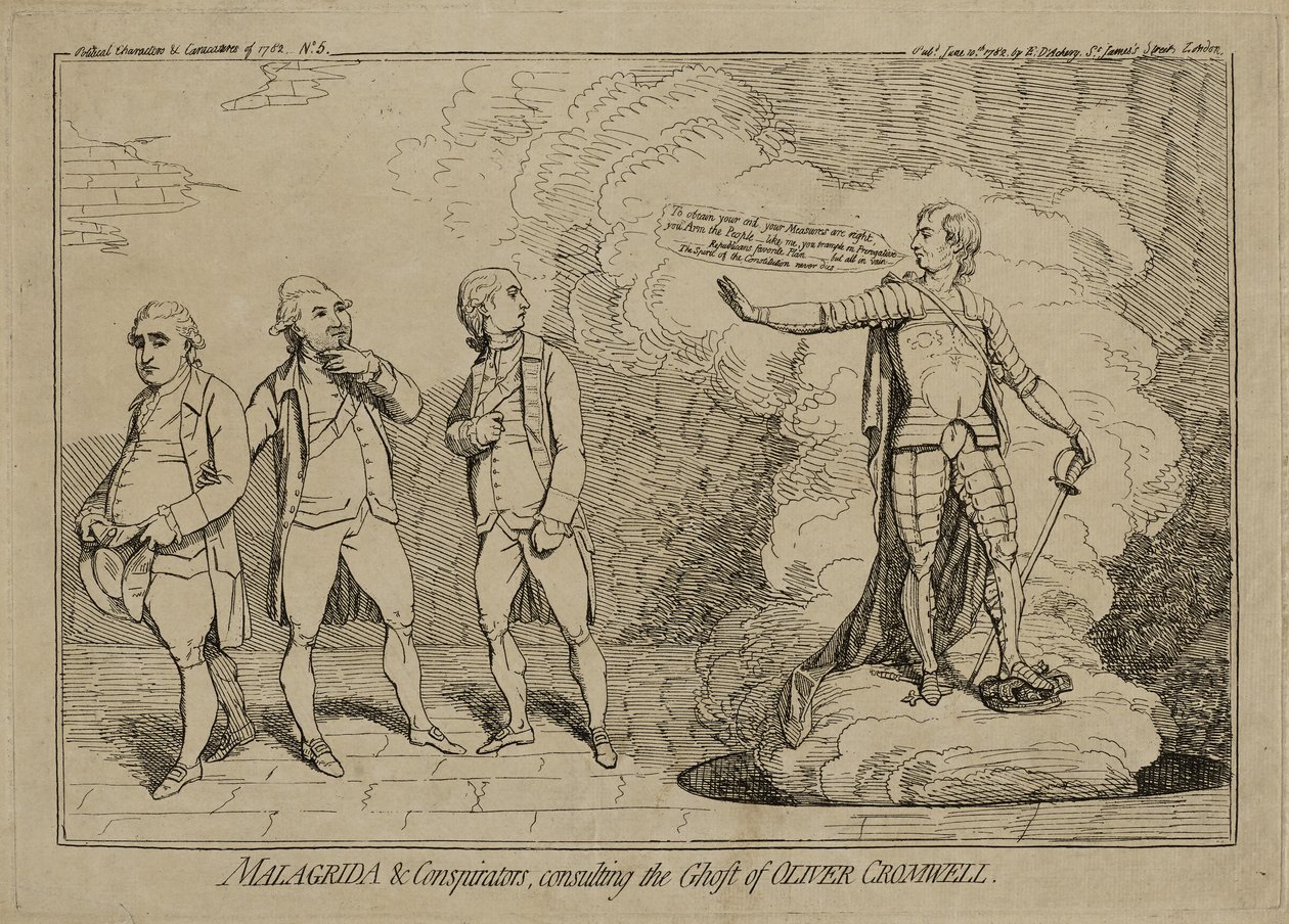Malagrida and Conspirators, Consulting the Ghost of Oliver Cromwell, publisert 10. juni 1782 (radering på lagt papir innlagt på vevd papir) av James Gillray