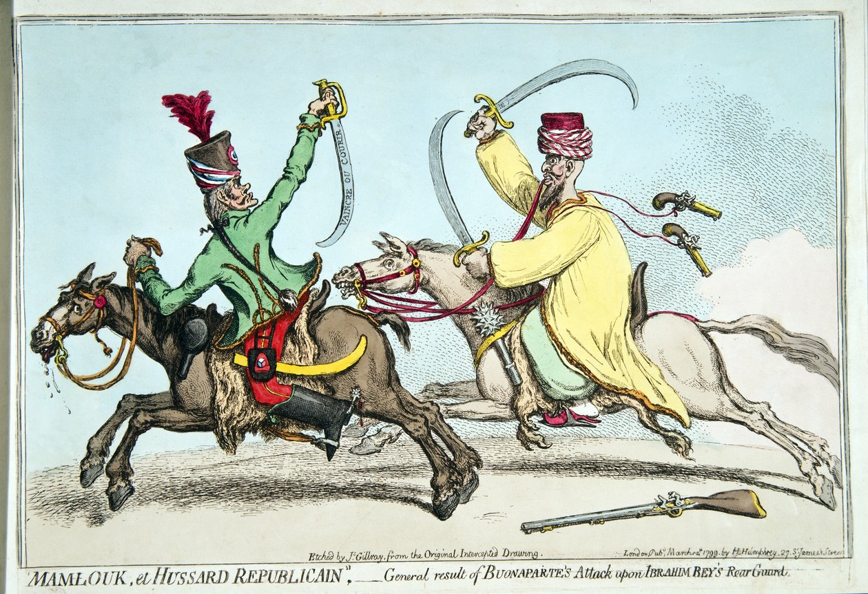 Mamlouk et Hussard Republicain, eller generelt resultat av Bonapartes angrep på Ibrahim Beys bakvakt, utgitt av Hannah Humphrey i 1799 (håndfarget etsning) av James Gillray