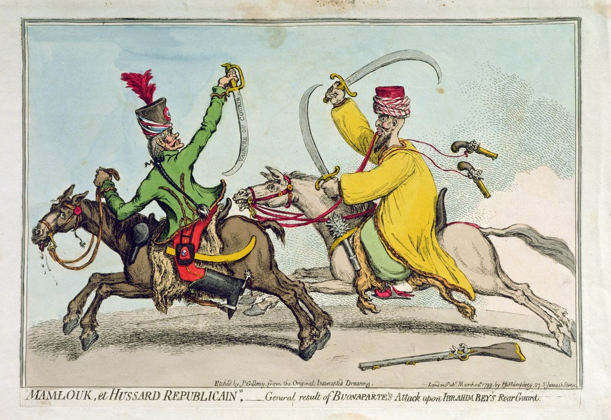 Mamlouk et Hussard Republicain, eller generelt resultat av Bonapartes angrep på Ibrahim Beys (1735-1817) bakvakt, utgitt av Hannah Humphrey i 1799 (håndfarget etsning) av James Gillray