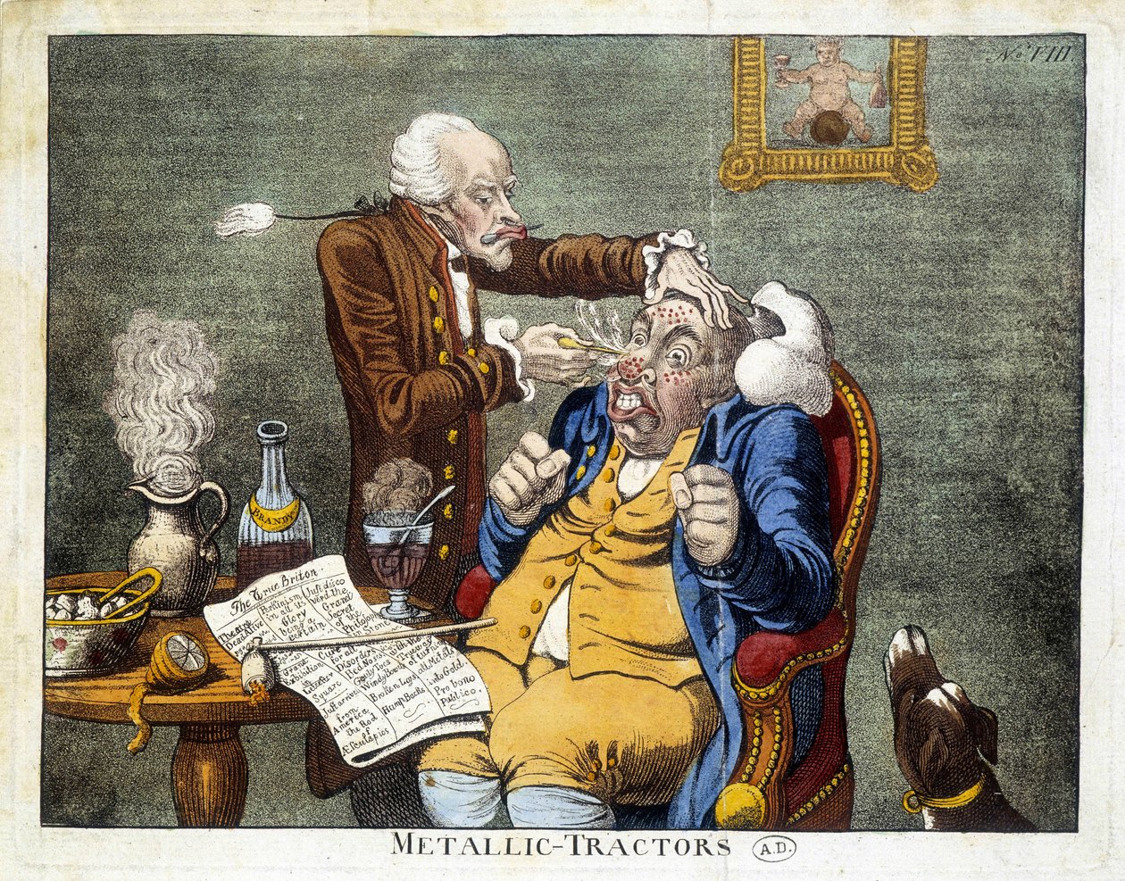 Mann får knappene fjernet fra ansiktet av James Gillray