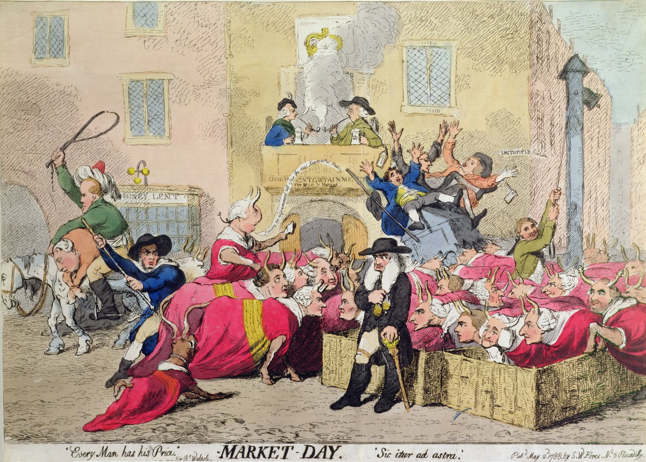 Markedsdagen, utgitt av S.W. Fores i 1788 (håndfarget etsning) av James Gillray