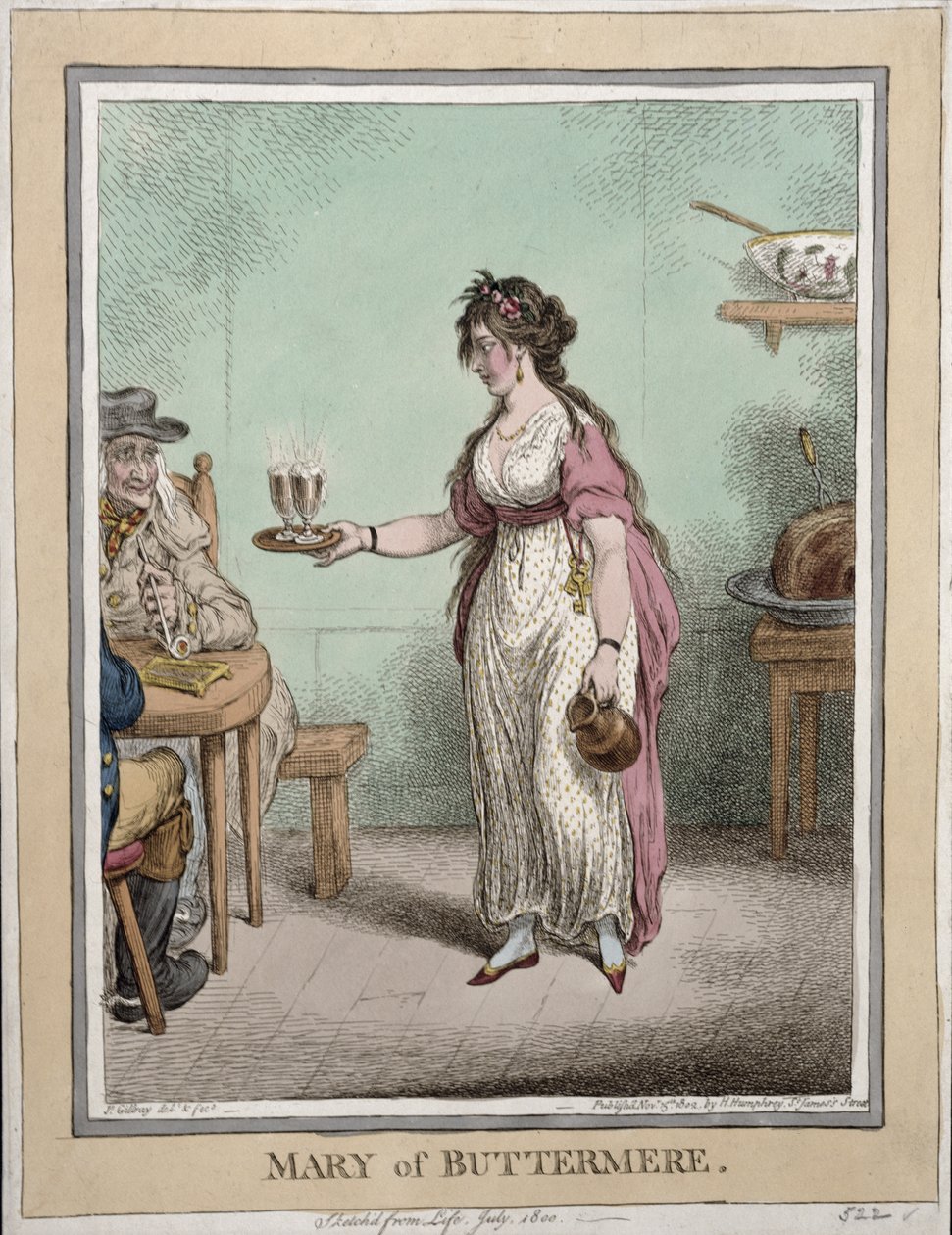 Mary of Buttermere, skissert fra livet i juli 1800, utgitt av Hannah Humphrey i 1802 (håndfarget etsning) av James Gillray