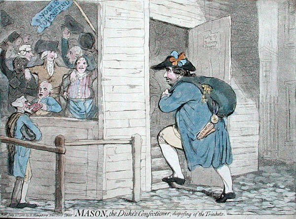 Mason, hertugens konditor som kvitter seg med pyntegjenstandene, utgitt av Hannah Humphrey i 1788 (håndfarget etsning) av James Gillray