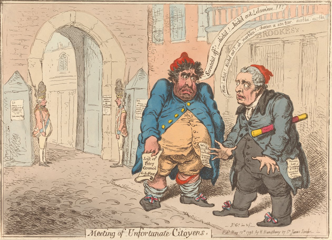 Møte mellom ulykkelige borgere. «To vanærede patrioters fortvilelse» av James Gillray