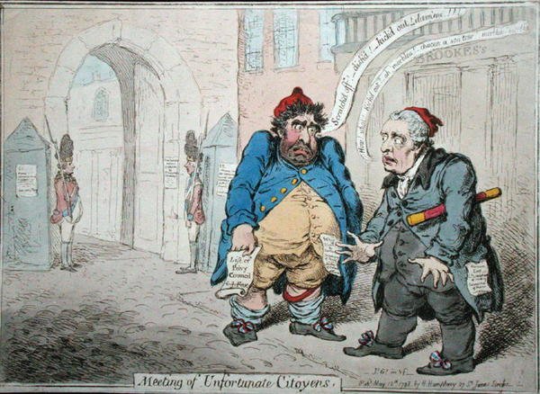 Meeting of Unfortunate Citoyens, utgitt av Hannah Humphrey i 1798 (håndfarget etsning) av James Gillray