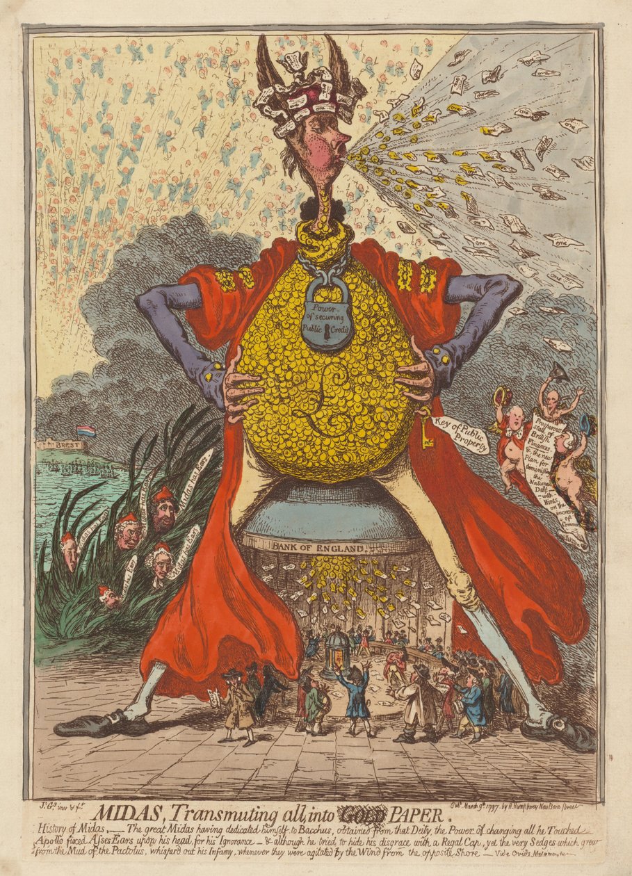 Midas, forvandler alt til papir av James Gillray
