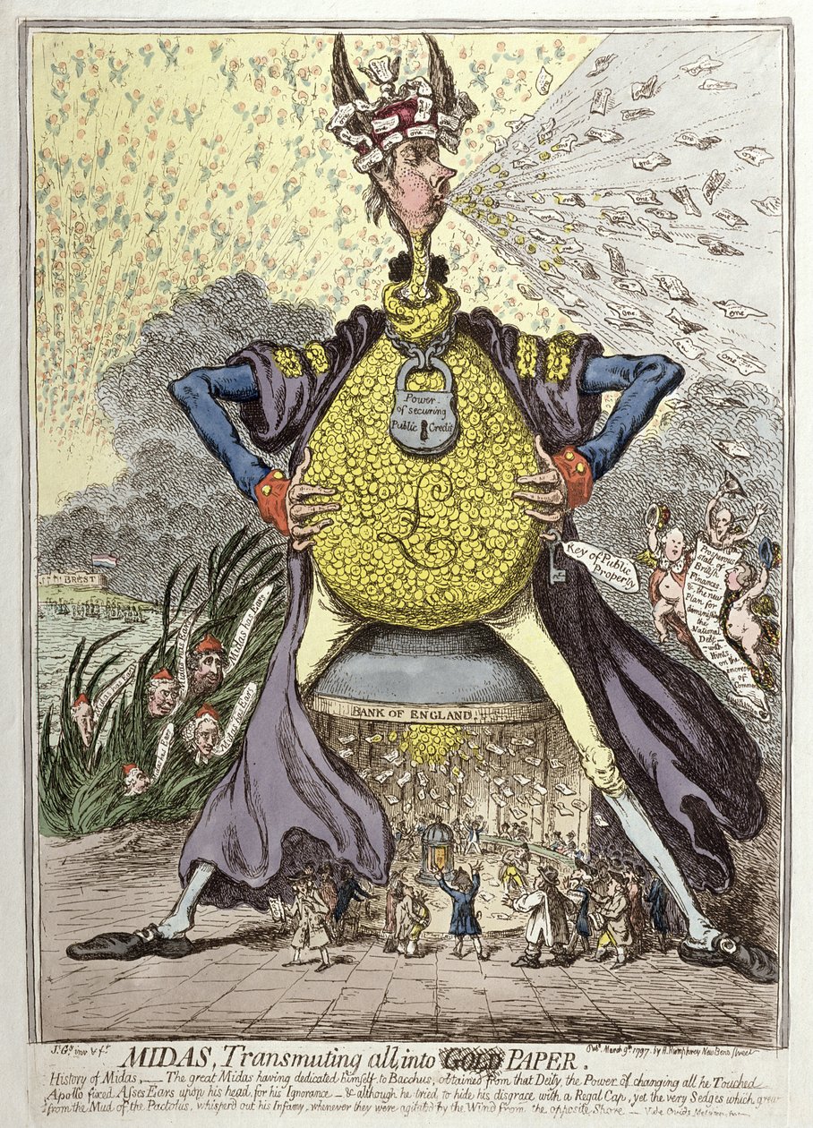 Midas Transmuting all into Gold Paper, utgitt av Hannah Humphrey i 1797 (håndfarget etsning) av James Gillray