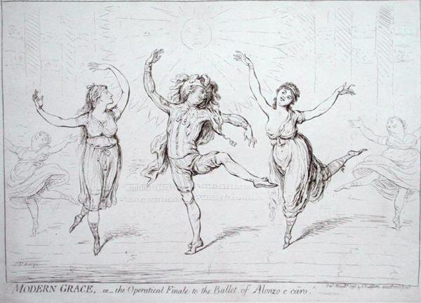 Modern Grace, eller Operatical Finale to the Ballet of Alonzo e caro, utgitt av Hannah Humphrey i 1796 (penn og blekk på papir) av James Gillray
