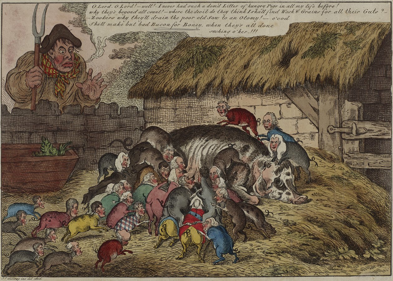 Flere griser enn spener, eller – det nye kullet med sultne gryntere som suger John Bulls gamle purke til døde, 9. mai av James Gillray