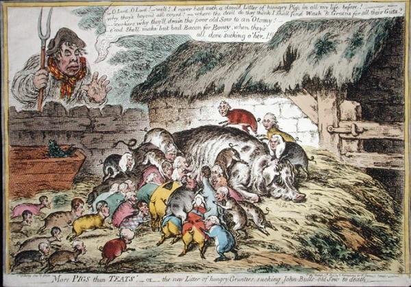 More Pigs than Teats, utgitt av Hannah Humphrey i 1806 (håndfarget etsning) av James Gillray