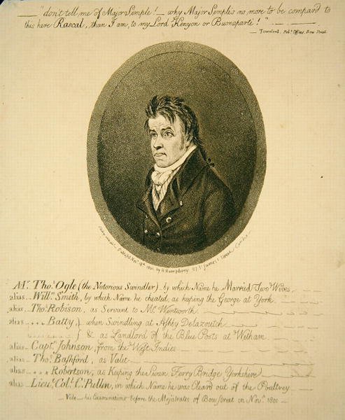 Mr. Thomas Ogle, den beryktede svindleren, utgitt av Hannah Humphrey av James Gillray