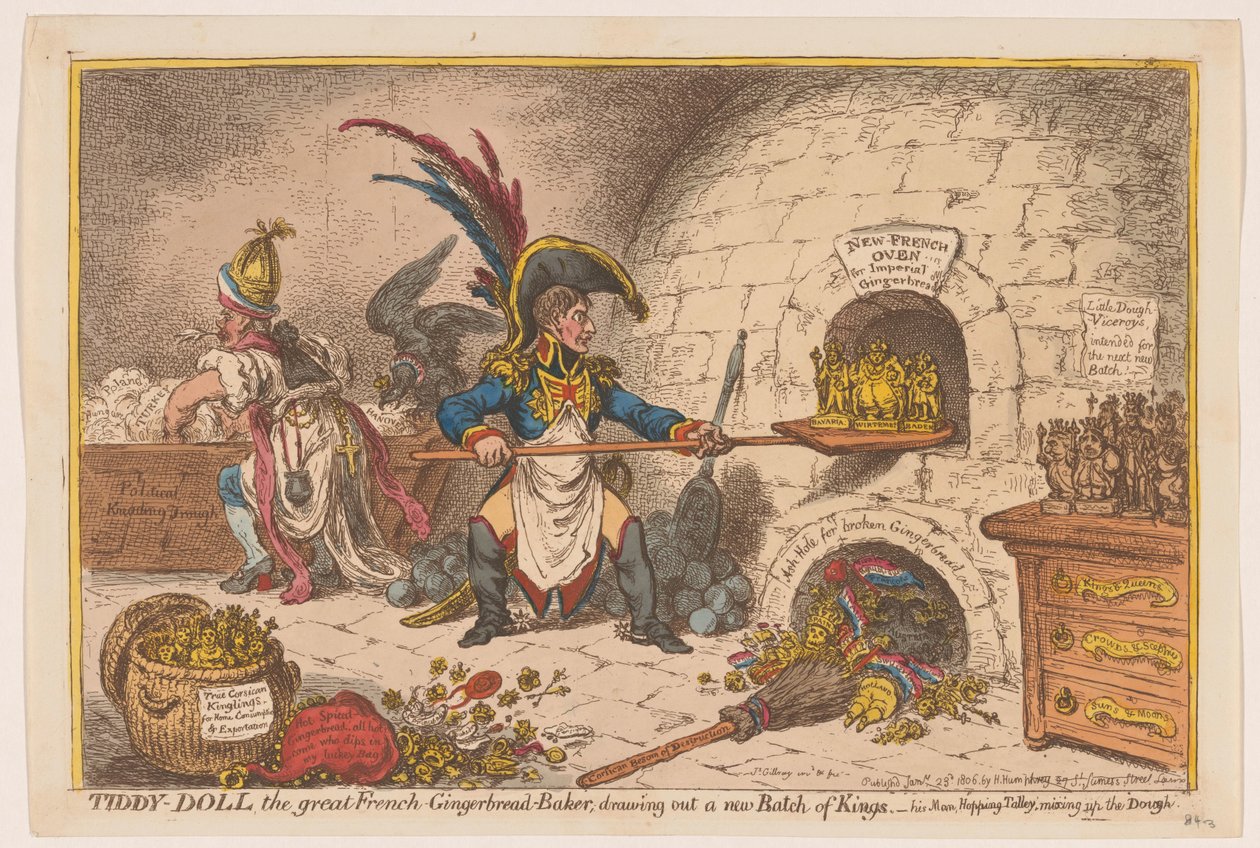 Napoleon baker en ny del av konger, 1806 Tiddy-Doll, den store fransk-pepperkake-bakeren; trekke ut en ny Batch of Kings (tittel på objekt) av James Gillray
