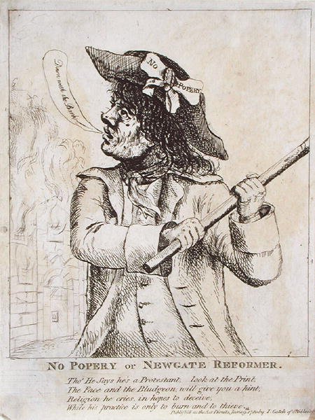 No Popery, or Newgate Reformer: muligens Ned Dennis har på seg en "No Popery"-tjeneste i hatten med Newgate Prison i flammer bak av James Gillray