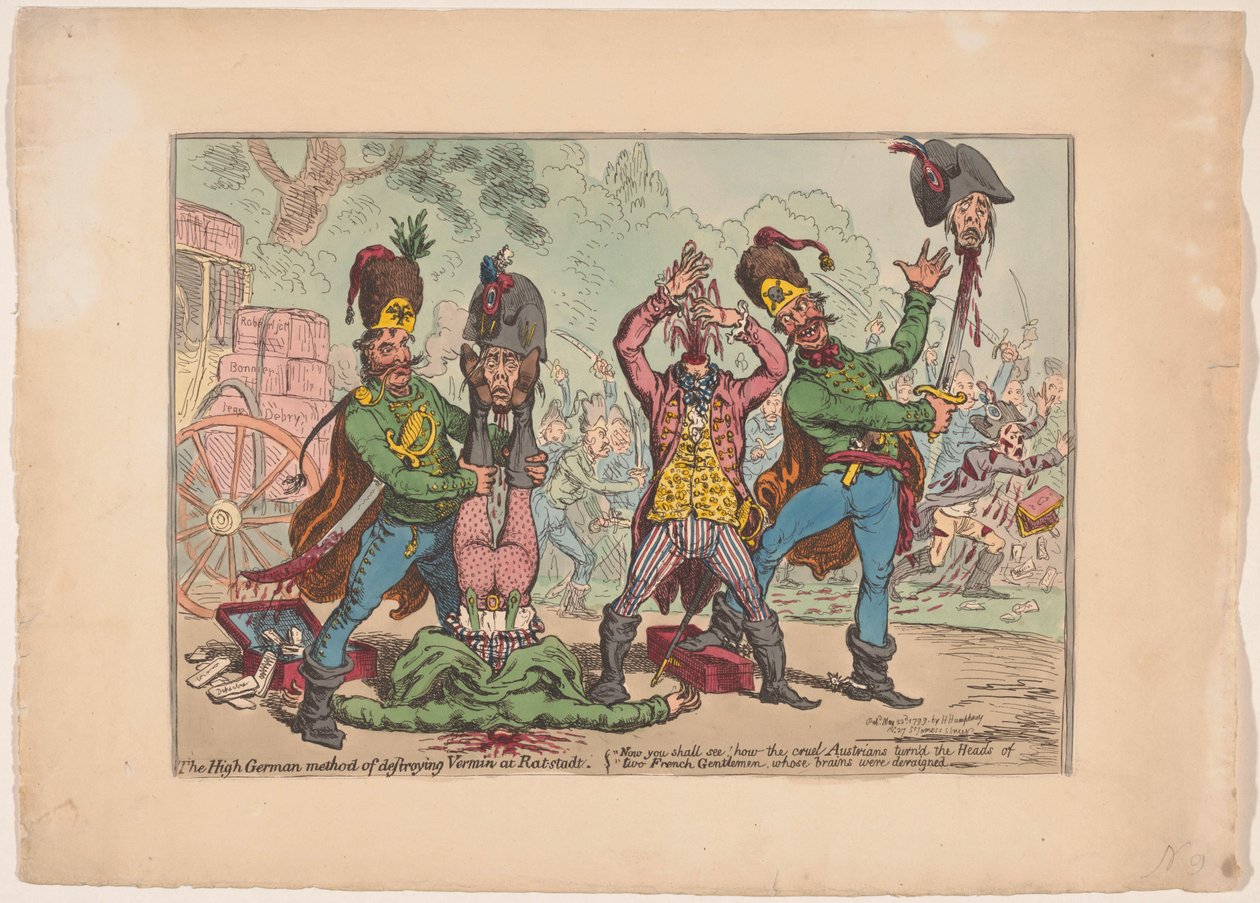 Østerriksk behandling av de franske utsendingene, 1799 Den høytyske metoden for å ødelegge skadedyr ved Rat-stadt (tittel på objekt) av James Gillray