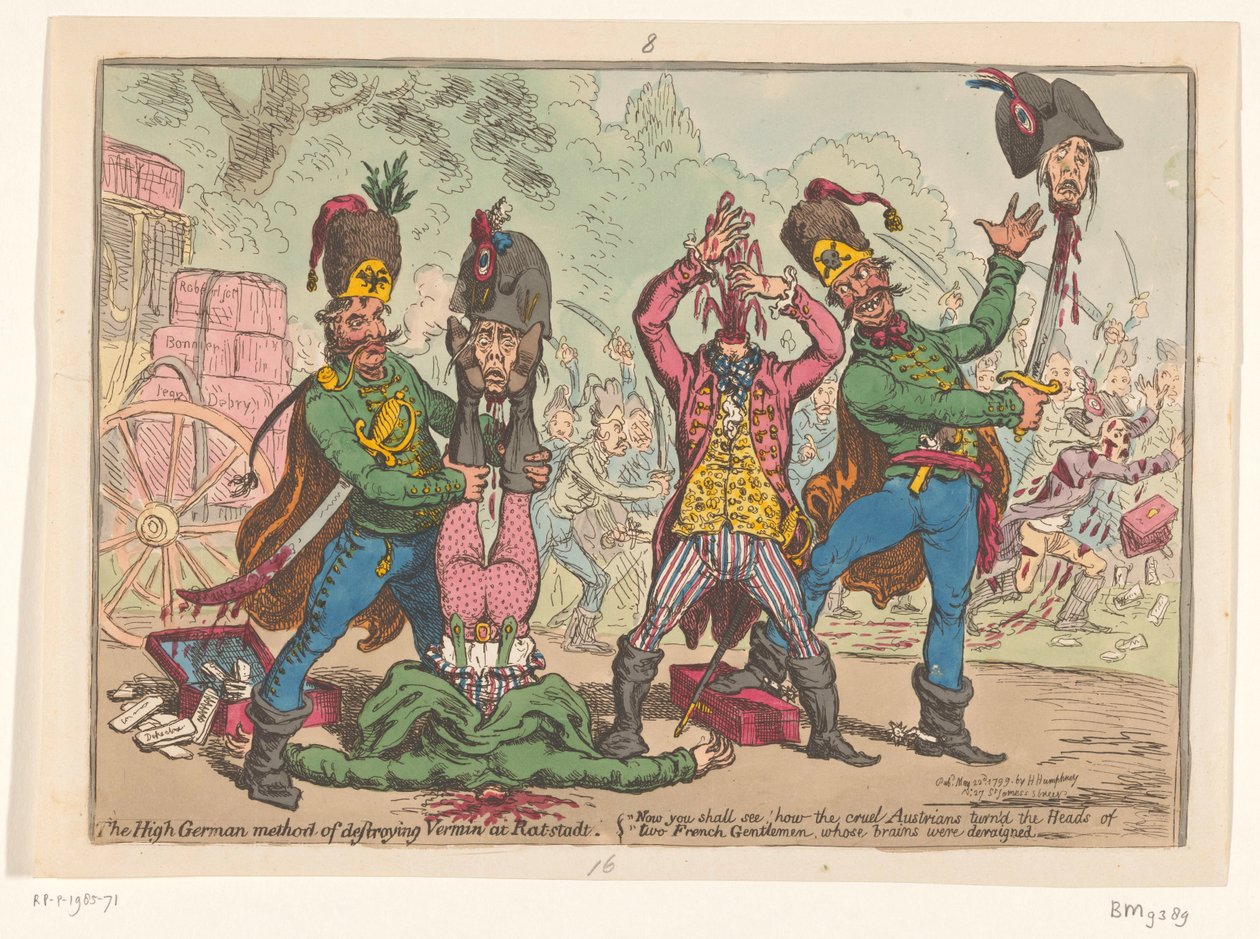 Østerriksk behandling av de franske utsendingene, 1799 Den høytyske metoden for å ødelegge skadedyr ved Rat-stadt (tittel på objekt) av James Gillray
