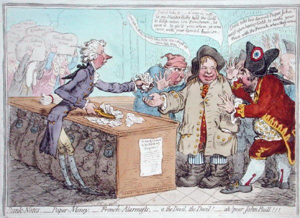 Åpning av budsjettet, eller John Bull som gir buksene sine for å redde Bacon, utgitt av Hannah Humphrey i 1796 (håndfarget etsning) av James Gillray